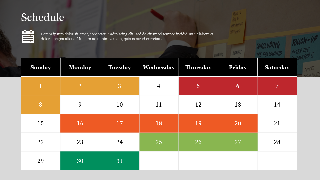 Monthly calendar layout with days highlighted in different colors, against a background of sticky notes.