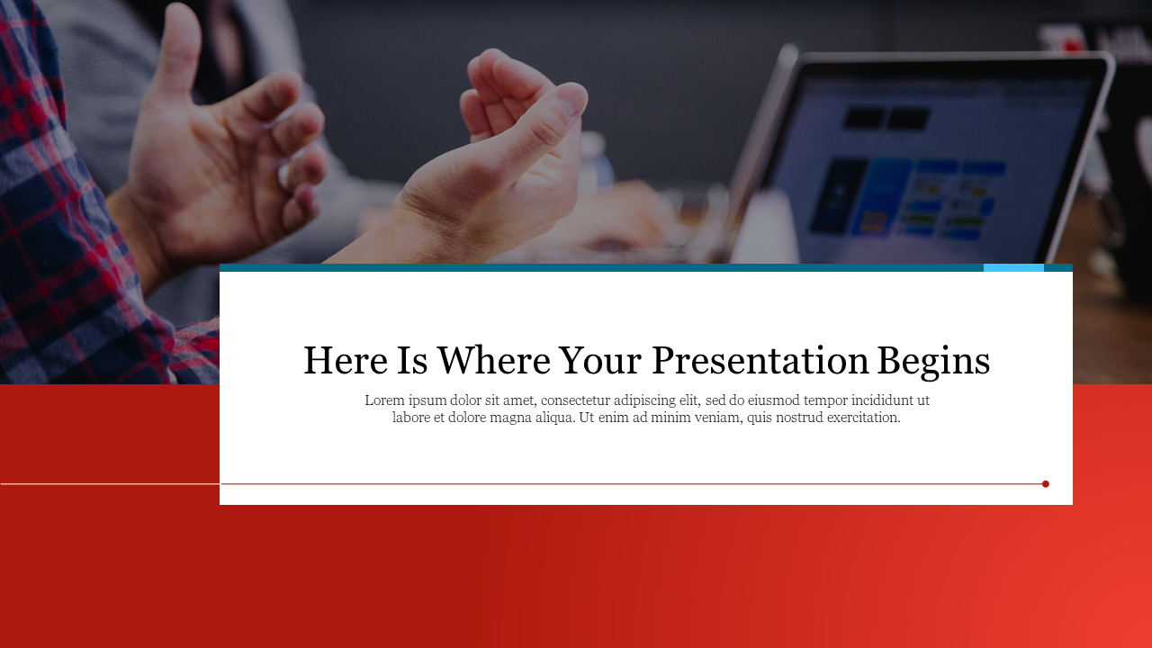 Introductory title slide featuring red and white design and a blurred image of people interacting in a meeting.