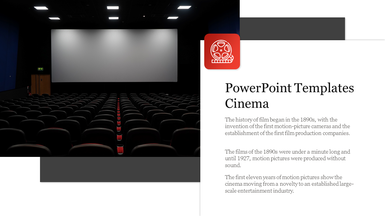 Dark cinema with rows of empty seats facing a blank screen on the left, with a red film icon and text about cinema history.