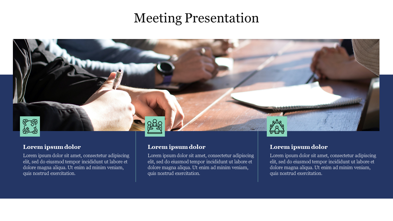 Meeting presentation slide with an image of hands at a table, and three teal icons and text boxes, on a blue backdrop.