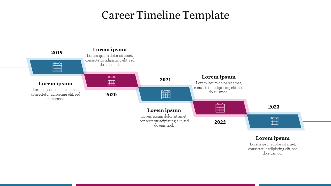 Career timeline template with a zigzag design showing years from 2019 to 2023 in alternating blue and pink boxes.