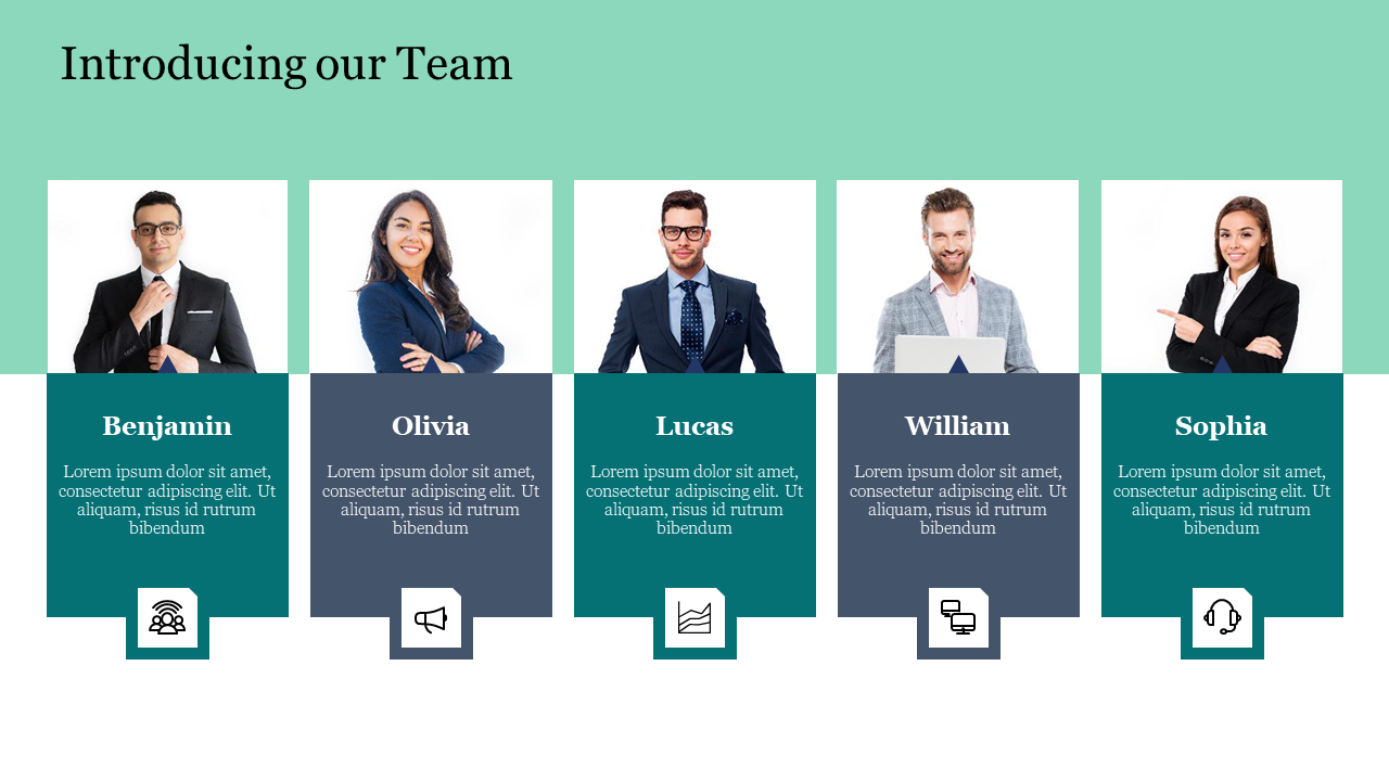 Infographic design for introducing a team, showcasing individual team members and their expertise with icons and text area.