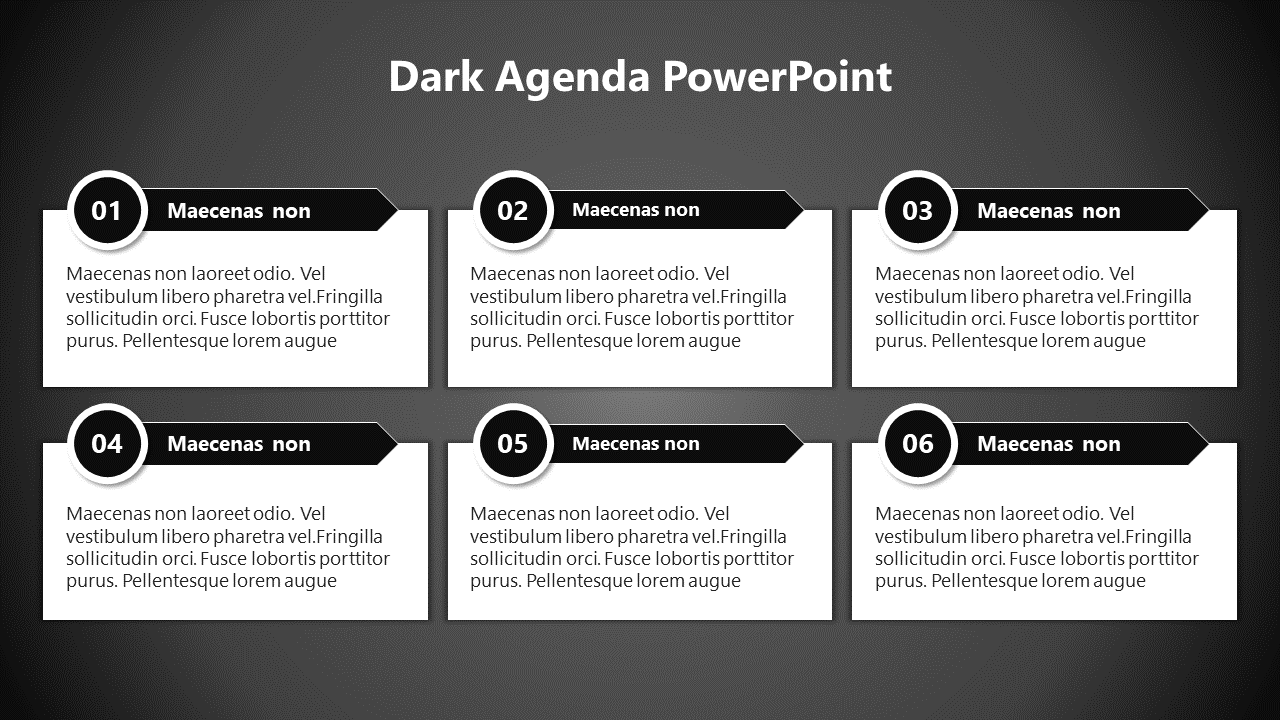 Dark-themed slide featuring six agenda points, each in a black-bordered box with a circular number icon.