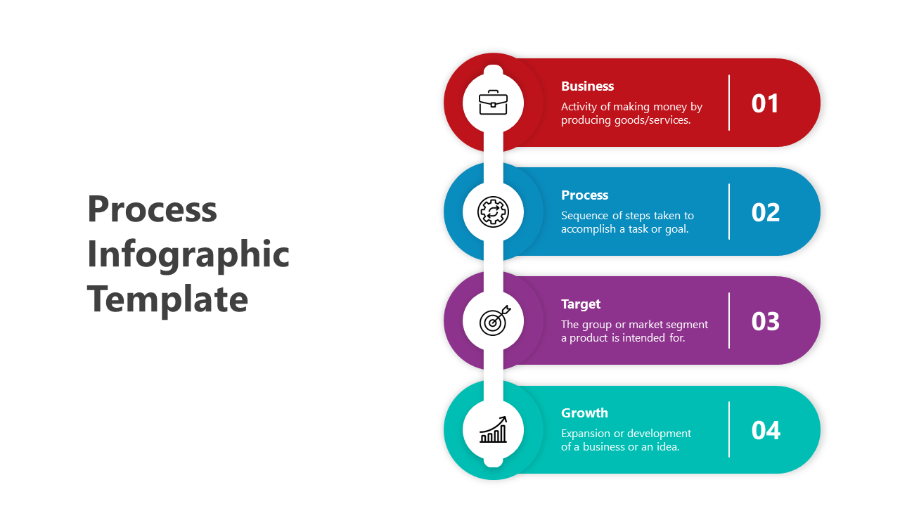 Four step process infographic slide highlighting business, process, target, and growth with icons and vibrant colors.