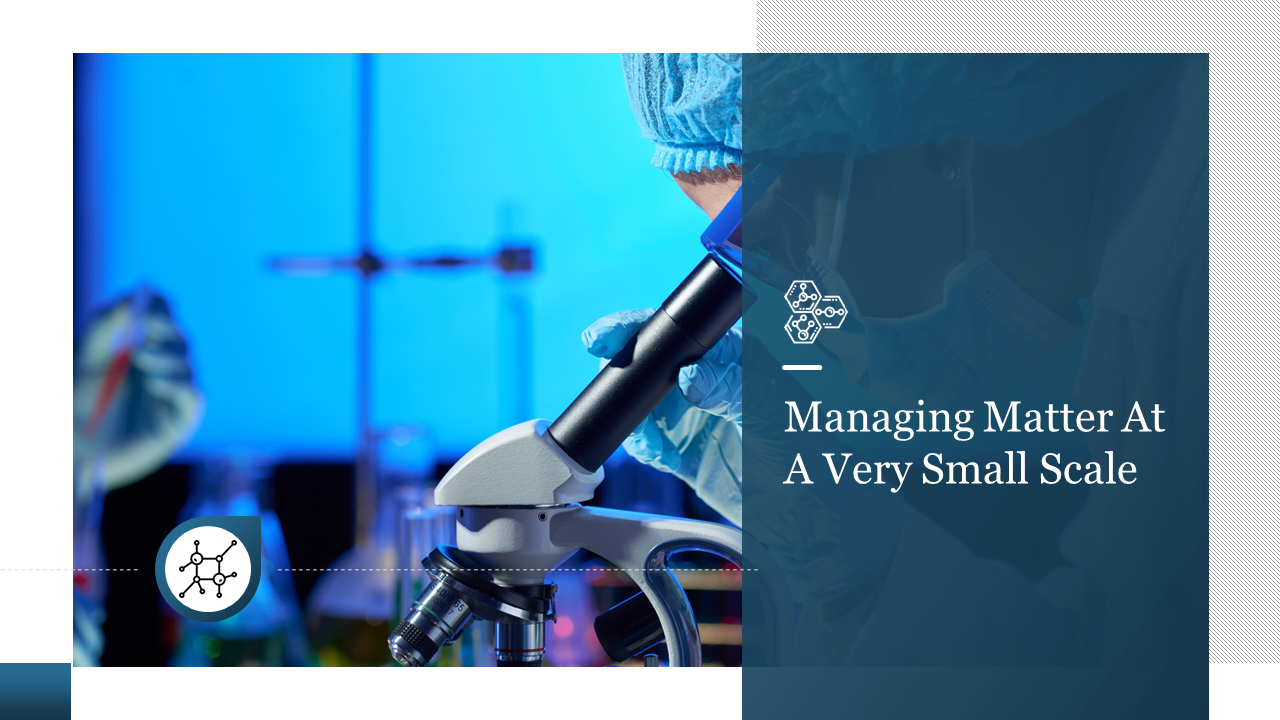 Scientist using a microscope in a lab with a blue background, alongside a dark blue section related to nanotechnology.