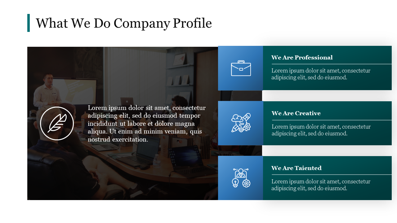 Company profile slide outlining key qualities professionalism, creativity, and talent, with corresponding icons.