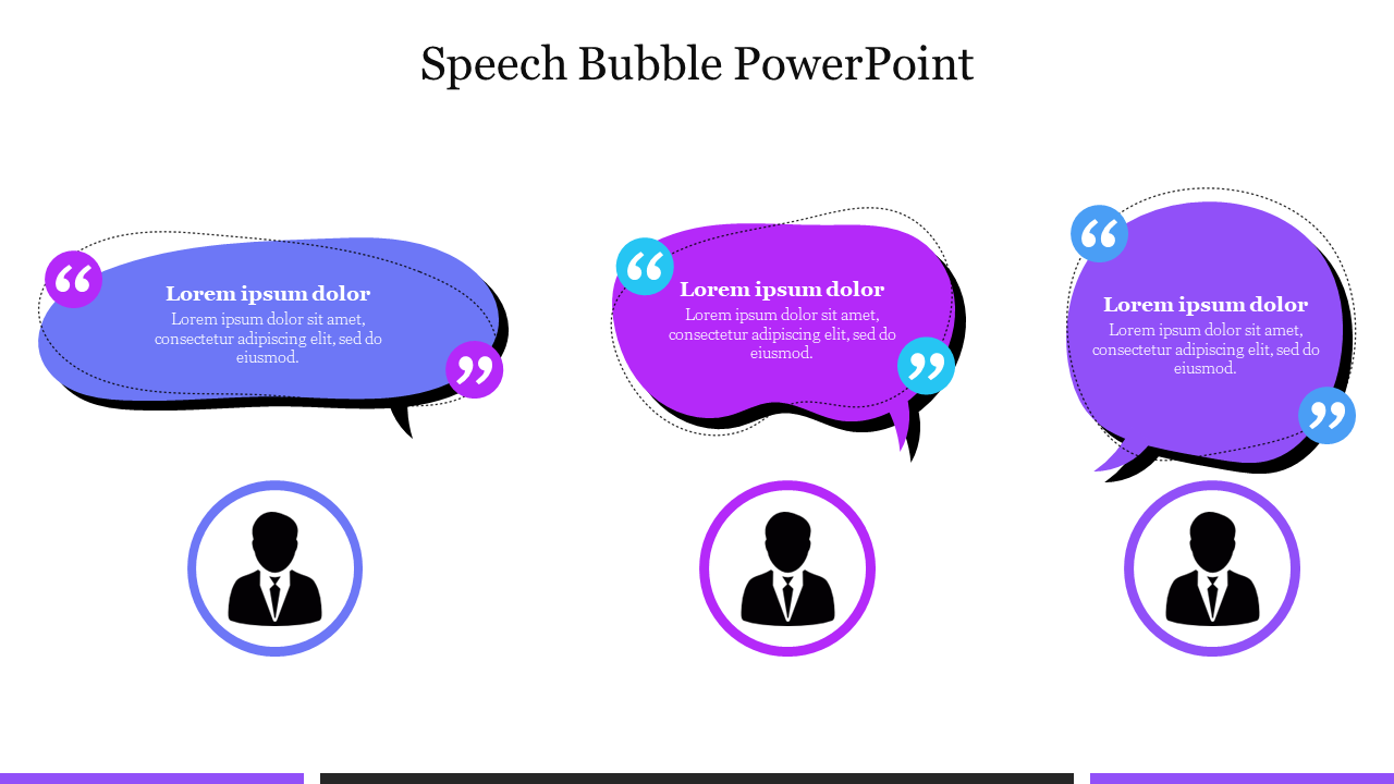 Three speech bubbles in blue, purple, and violet with quotes, positioned above silhouette icons in circular frames.