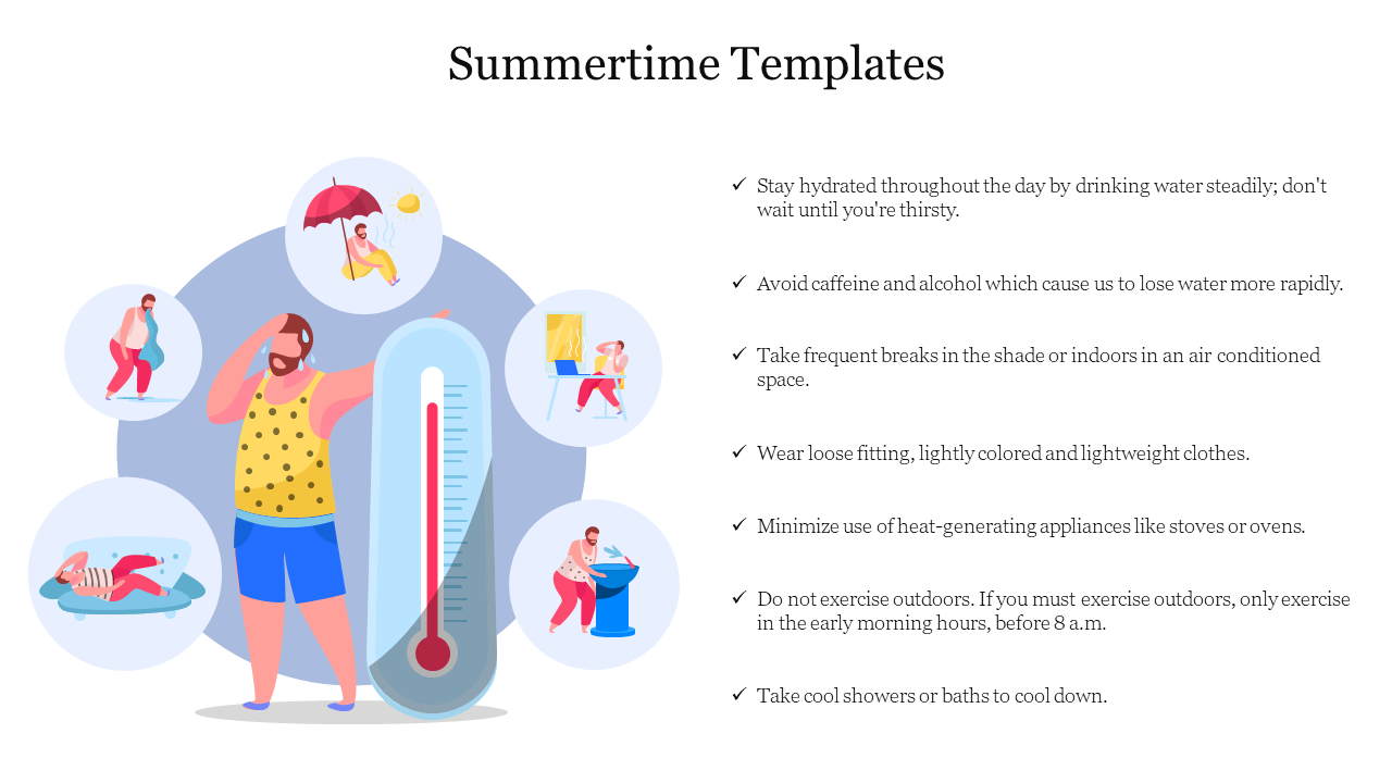 Summertime tips with a man feeling hot, surrounded by various icons like a thermometer, umbrella, and beach activities.