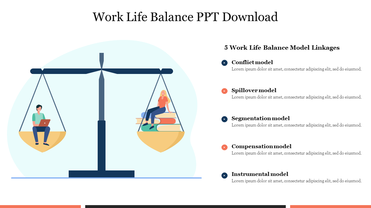 Work life balance illustration with scales, showing a laptop and a person with books, and five model descriptions.