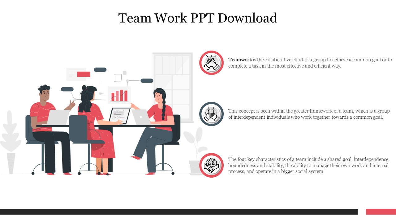 Team work PPT slide with three people working together at a table with three text areas on the right side.