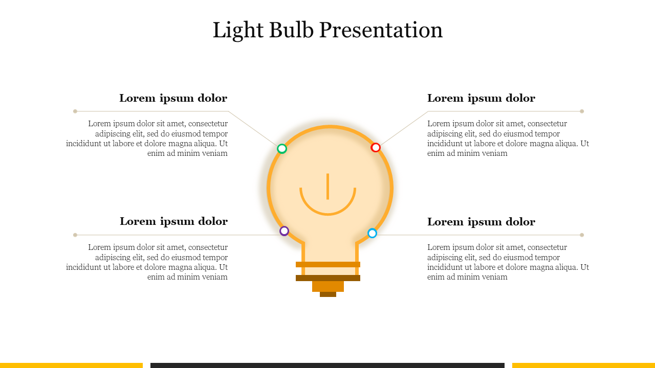 Central orange gradient light bulb illustration with four connected text placeholders, each linked by colored dots.