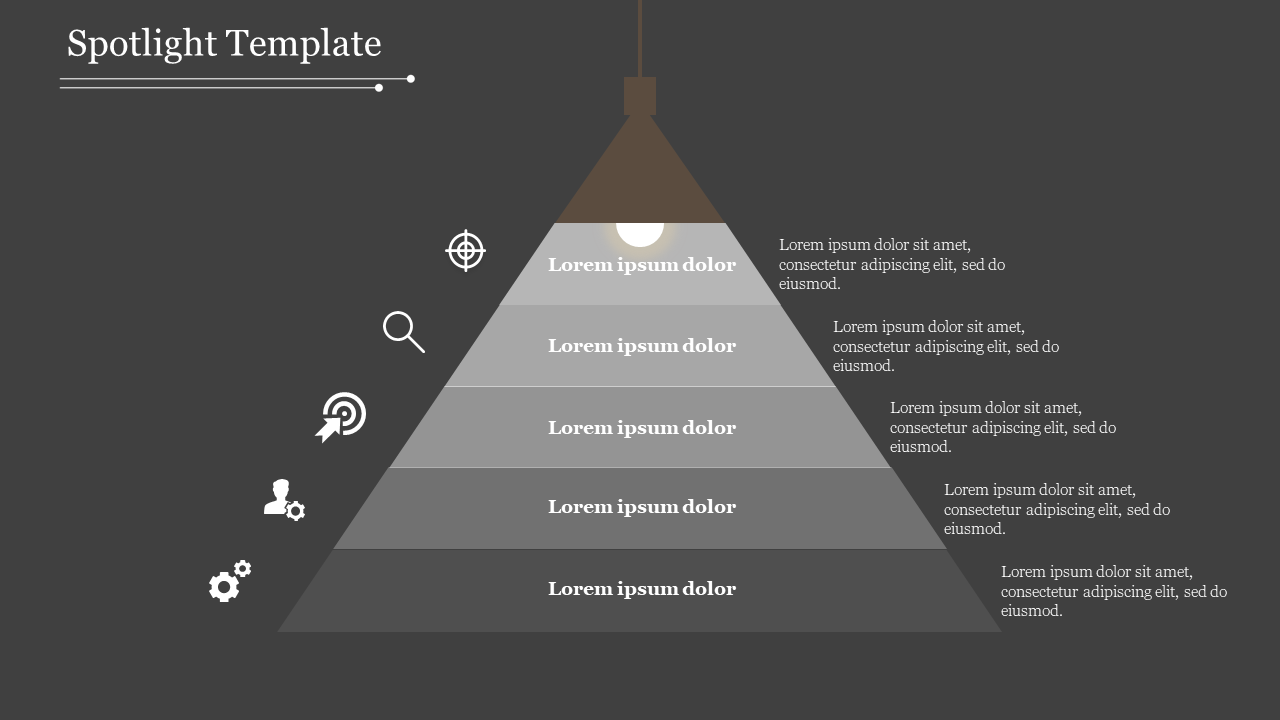 Funnel shaped diagram with spotlight illustration on top, featuring five layers with icons and text, on a dark background.