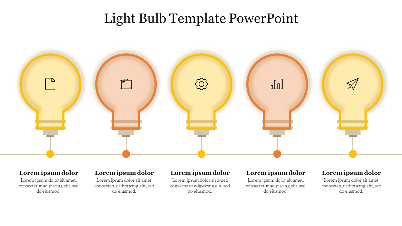 A row of five light bulbs in yellow and orange hues, each containing unique icons, aligned over a horizontal line.