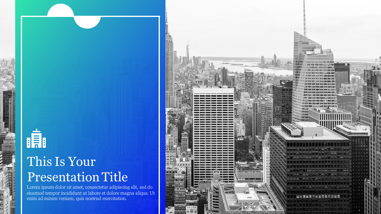 Professional corporate presentation background with a cityscape and a blue gradient design.