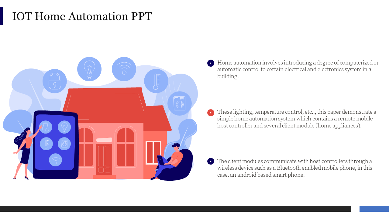 PPT slide on IoT home automation showing a smart house controlled by a mobile device with colored icons.