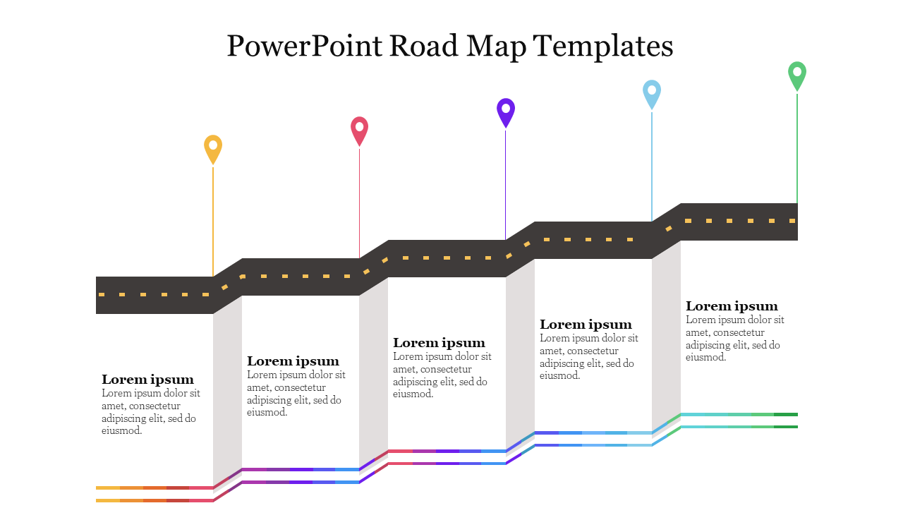 Stepped road design with five colorful location markers and text boxes below, representing different milestones.