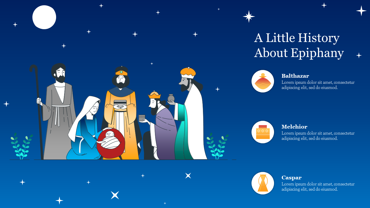 Epiphany slide featuring the three wise men presenting gifts to baby Jesus, with text on a blue background.