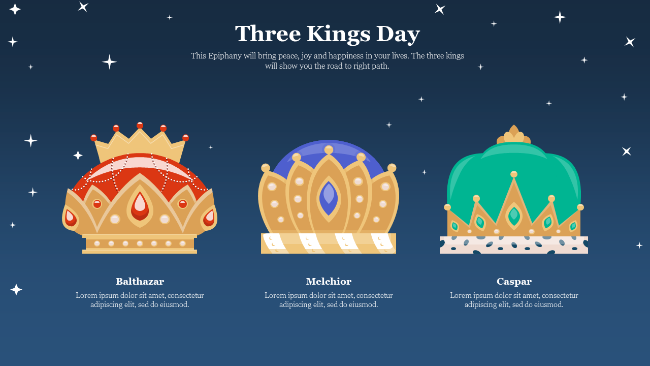 Illustrations of three distinct crowns in red, purple, and green represent the kings on a dark blue starry background.