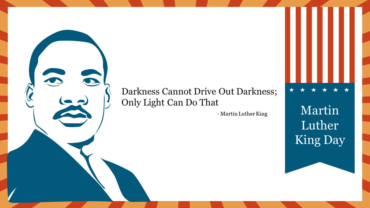 A stylized image of Martin Luther King Jr., his famous quote, and a Martin Luther King Day banner with a red and blue design.