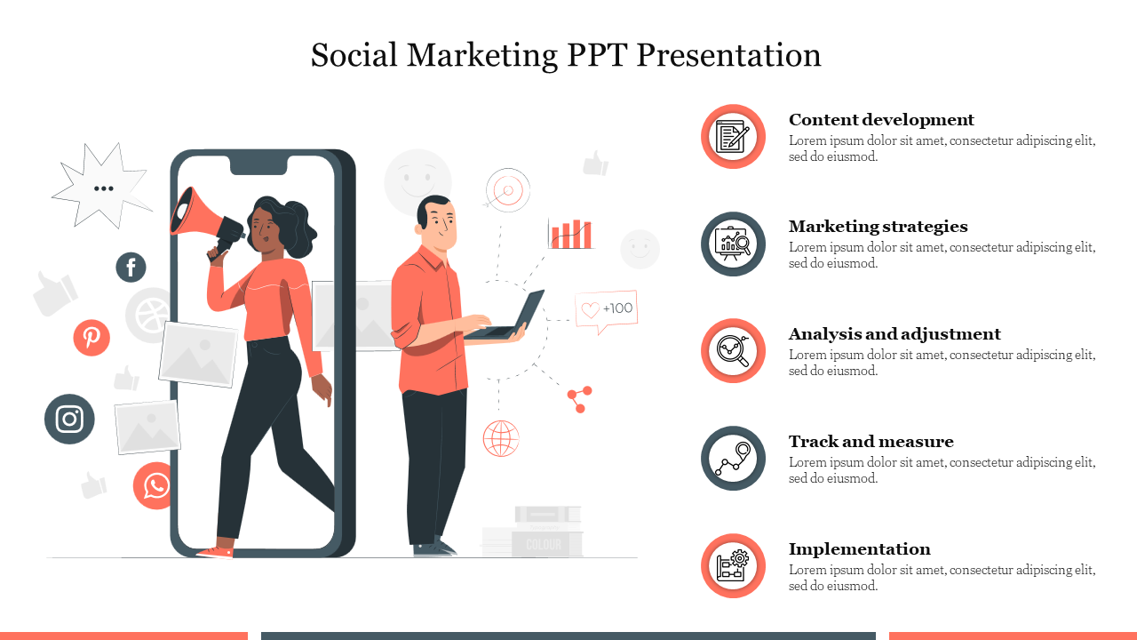 Social marketing slide featuring a smartphone illustration, two characters, and five key points for strategies. 