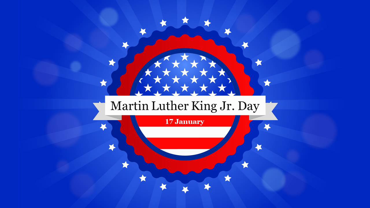 Martin Luther King Jr. Day badge design with stars and stripes in red, white, and blue colors, dated January 17.