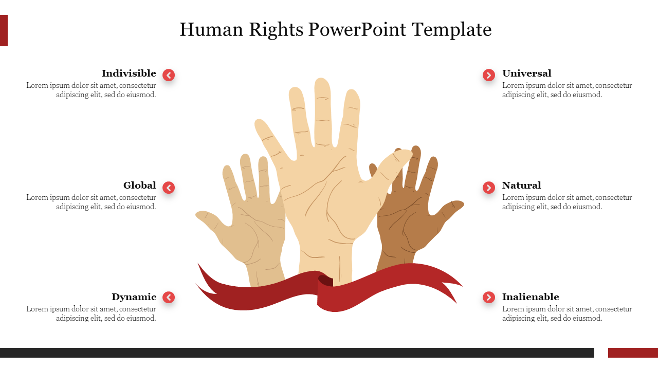 Text boxes emphasize key human rights traits  with four raised hands representing diversity.