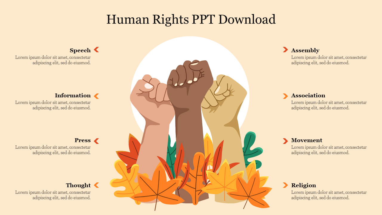 Three raised fists surrounded by autumn leaves, with captions listed on both sides on a beige background.