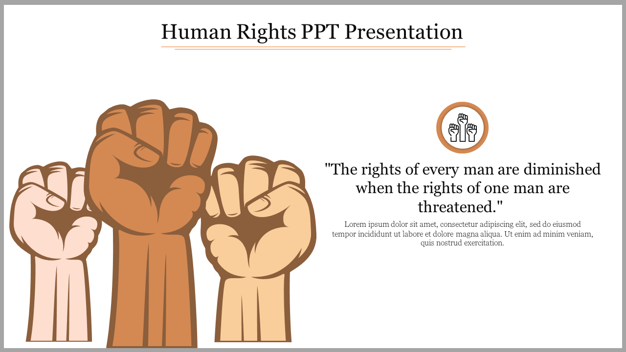 Human rights slide with raised fists symbolizing unity and a quote on protecting individual rights with placeholder text.