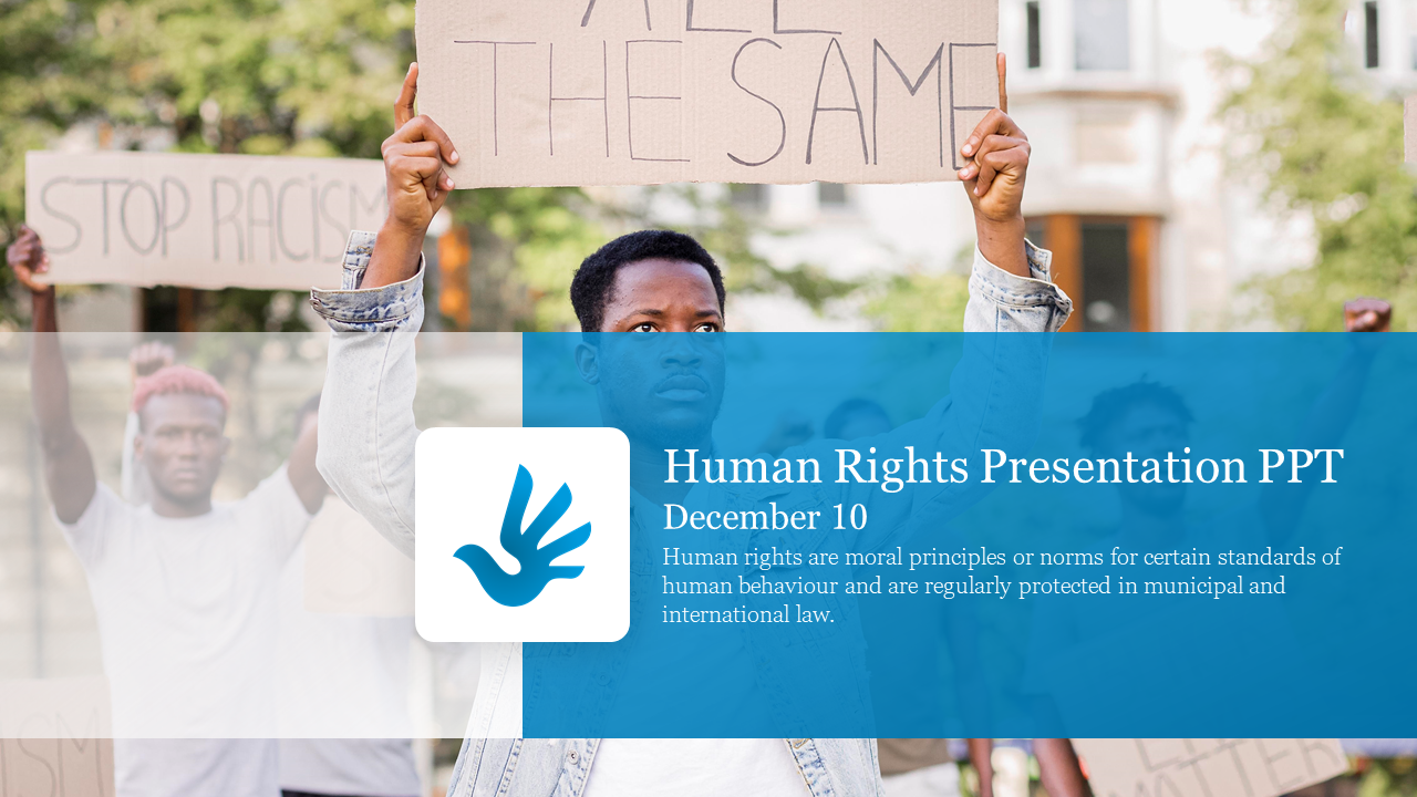 Diverse individuals protesting with signs and blue overlay displaying human rights presentation information.