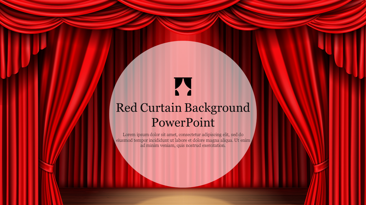 Red velvet stage curtains are drawn to the side with a circular text overlay in the center.