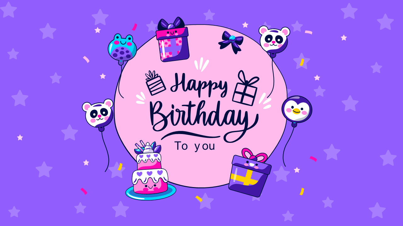 Central pink circle with text, surrounded by colorful gifts, balloons, and a cake on a purple background with star accents.