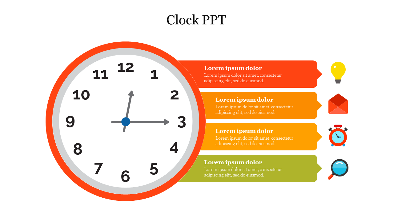 Analog clock with orange border and four colored text boxes with icons in a vertical row on the right.