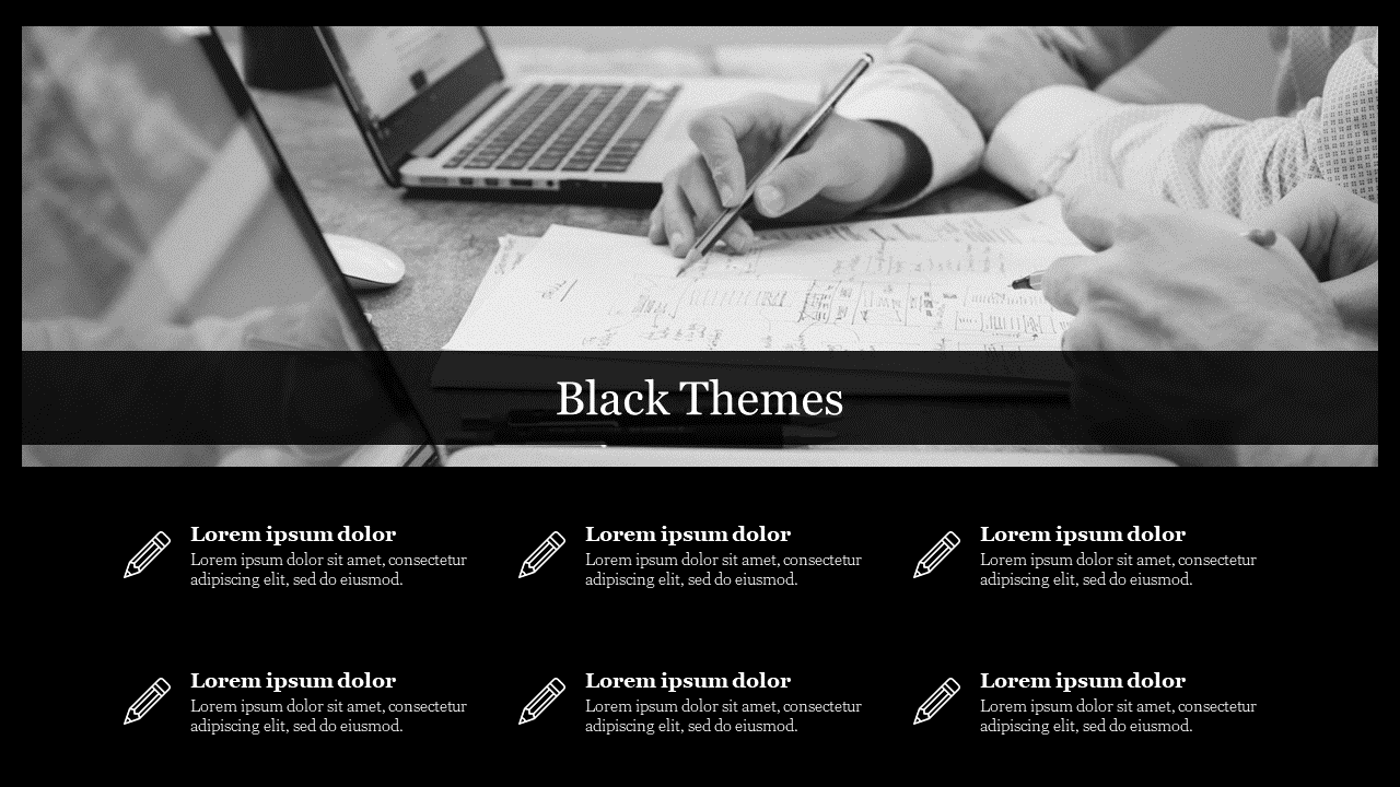 Monochrome theme featuring a central black banner over a grayscale image of hands writing, with six icons and text below.