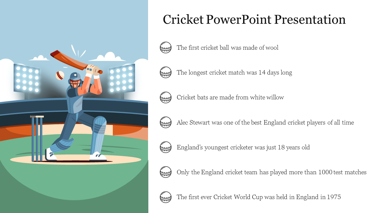 Cricket presentation slide with an illustration of a batsman hitting a ball in a field, with text placeholders on the right.