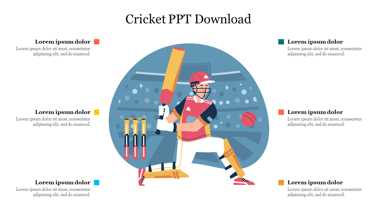 Cricket player holding a bat in a stadium setting, with four colored text blocks on the left and right sides.