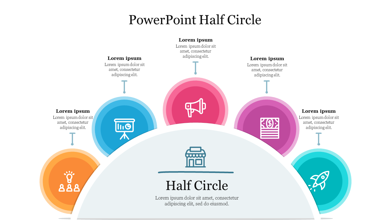 Half circle infographic slide with five colorful segments displaying different icons with placeholder text.