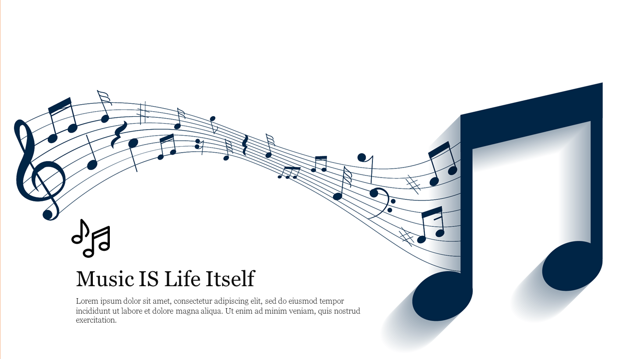 A large blue musical note on the right with a flowing line of music icons and text on the left.