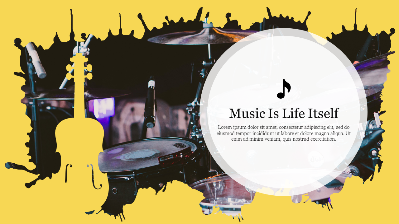 Vibrant cute music themed slide design featuring a drum set and violin with the phrase with placeholder text.