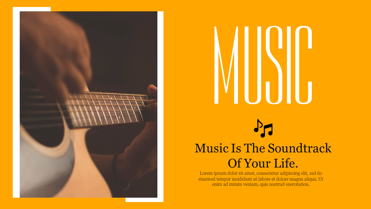 Music-themed slide featuring a guitar player image on the left and large text with a musical note icon.