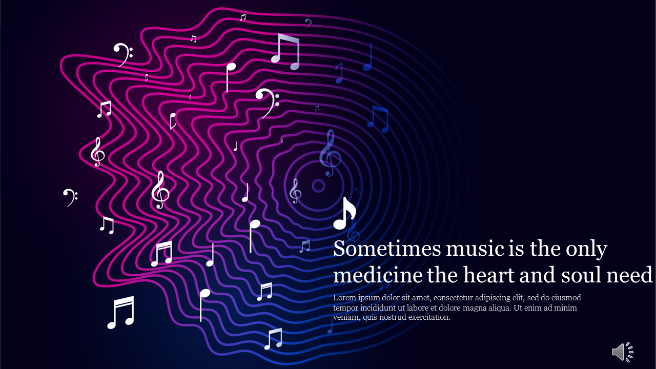 Slide with abstract music wave lines and floating music notes, accompanied by the quote with placeholder text.