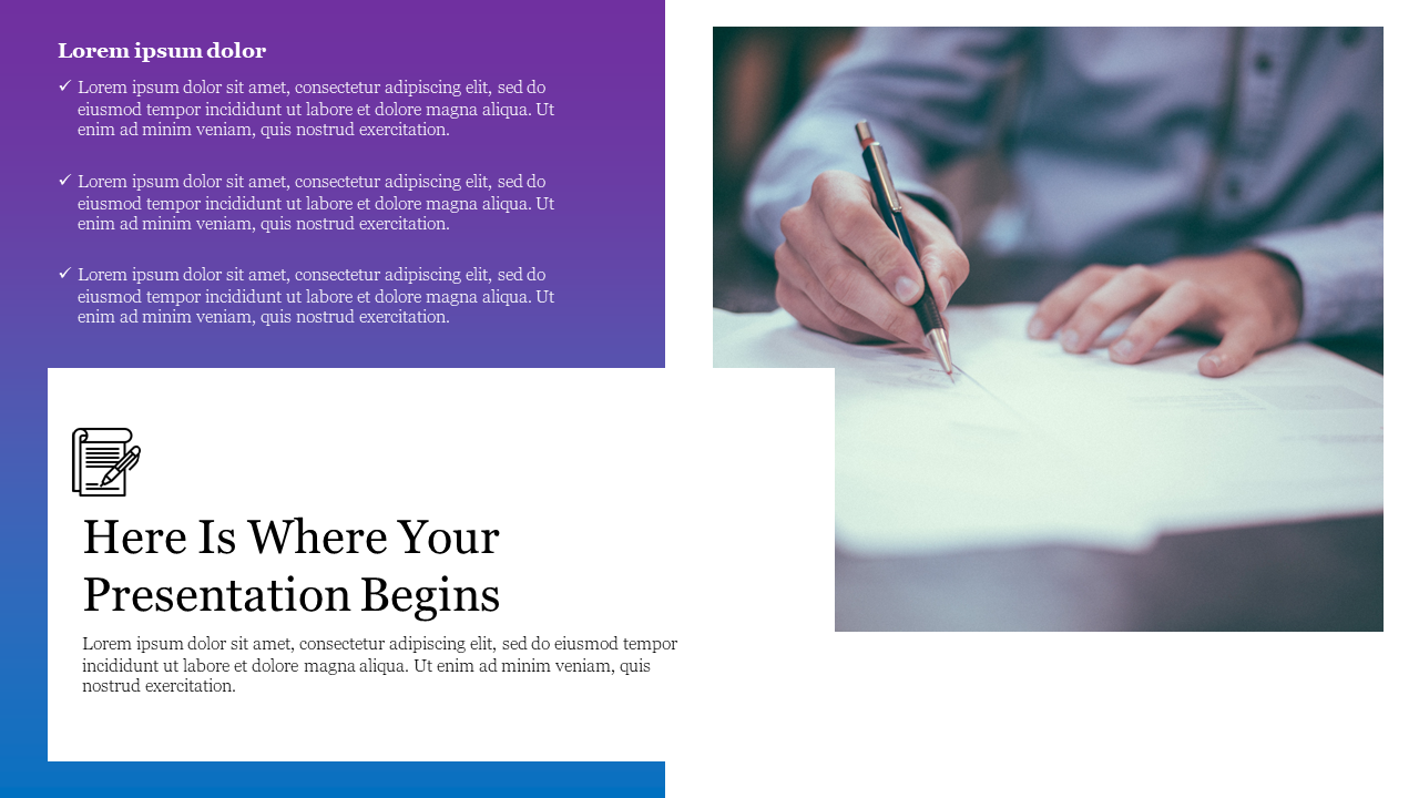 Slide design featuring purple and blue gradient sections, a writing-related icon, and a photo of someone holding a pen.