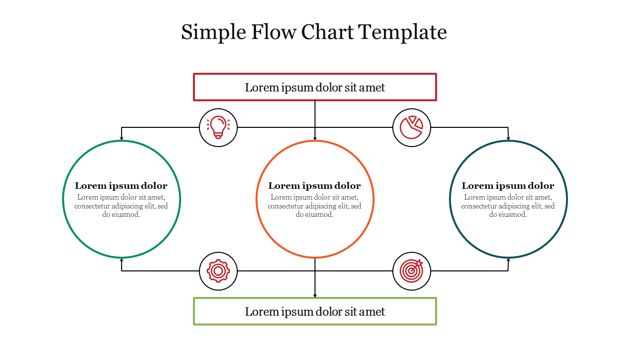 A simple flow chart template with circular icons and connecting arrows, featuring placeholder text for each step.