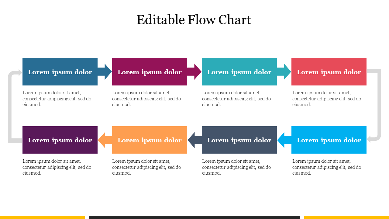 Flow chart diagram slide with various colored arrows and text boxes.