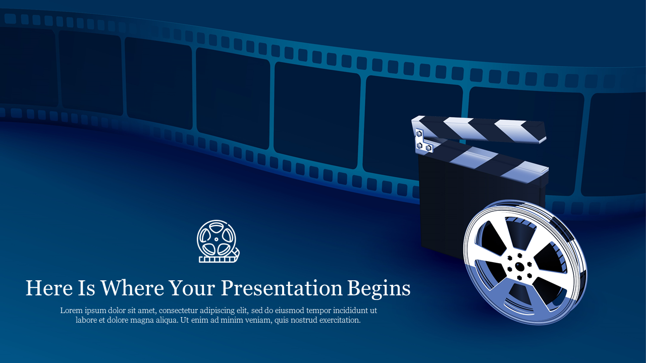 Dark blue slide featuring a filmstrip, clapperboard, and film reel, with introduction text at the bottom.