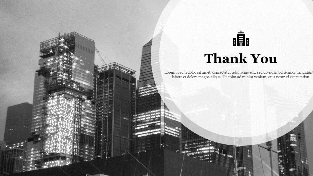 Black and white image of a city skyline with skyscrapers with the text thank you and a placeholder text overlay.