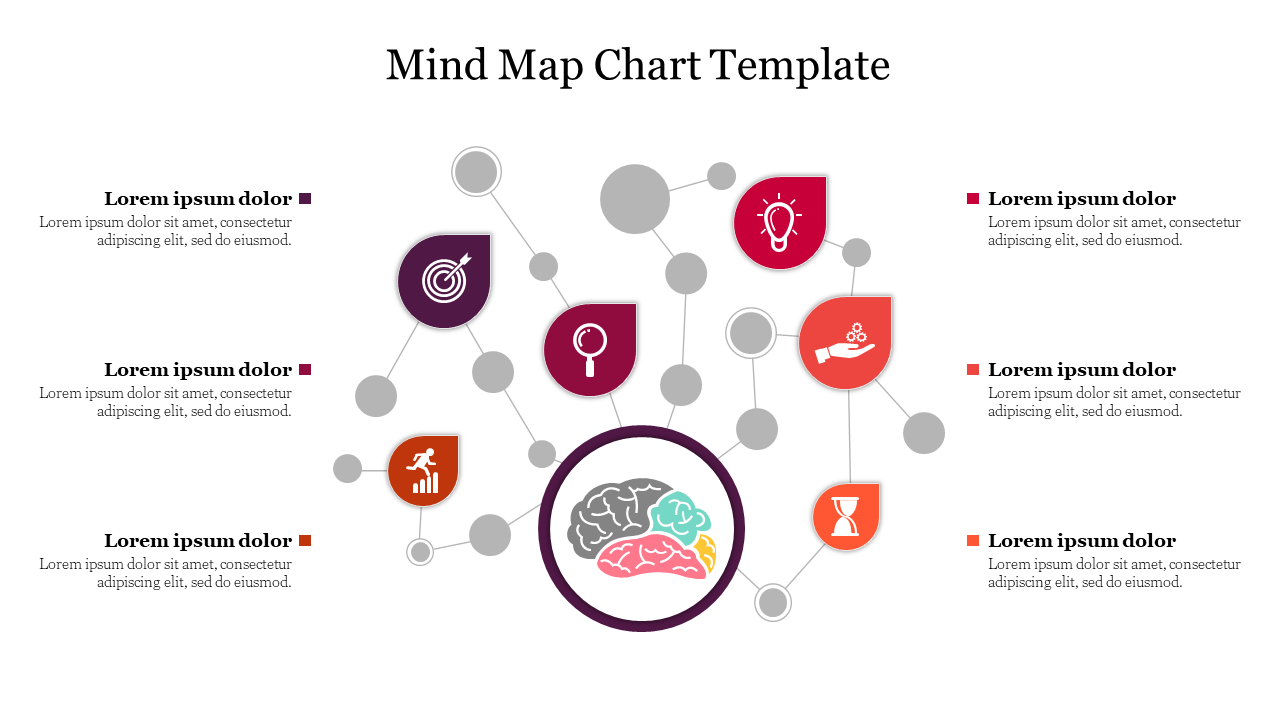 Mind map template with a central circular brain, surrounded by colorful teardrop shaped icons with six text areas.