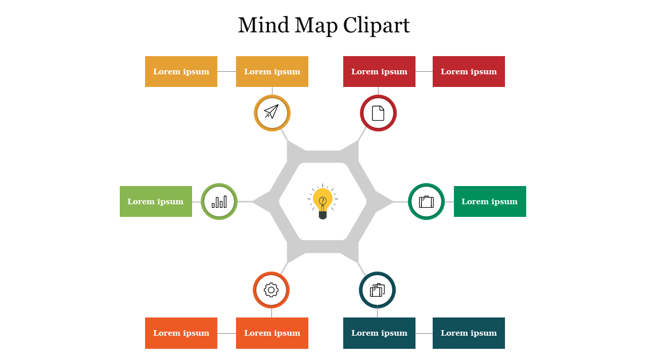 Mind map with central hexagon light bulb icon and surrounding nodes in red, green, orange, and yellow.