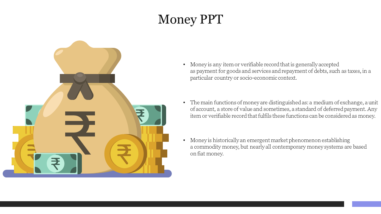 Illustration of a money bag with coins and rupee symbol, with text placeholder on a white background.