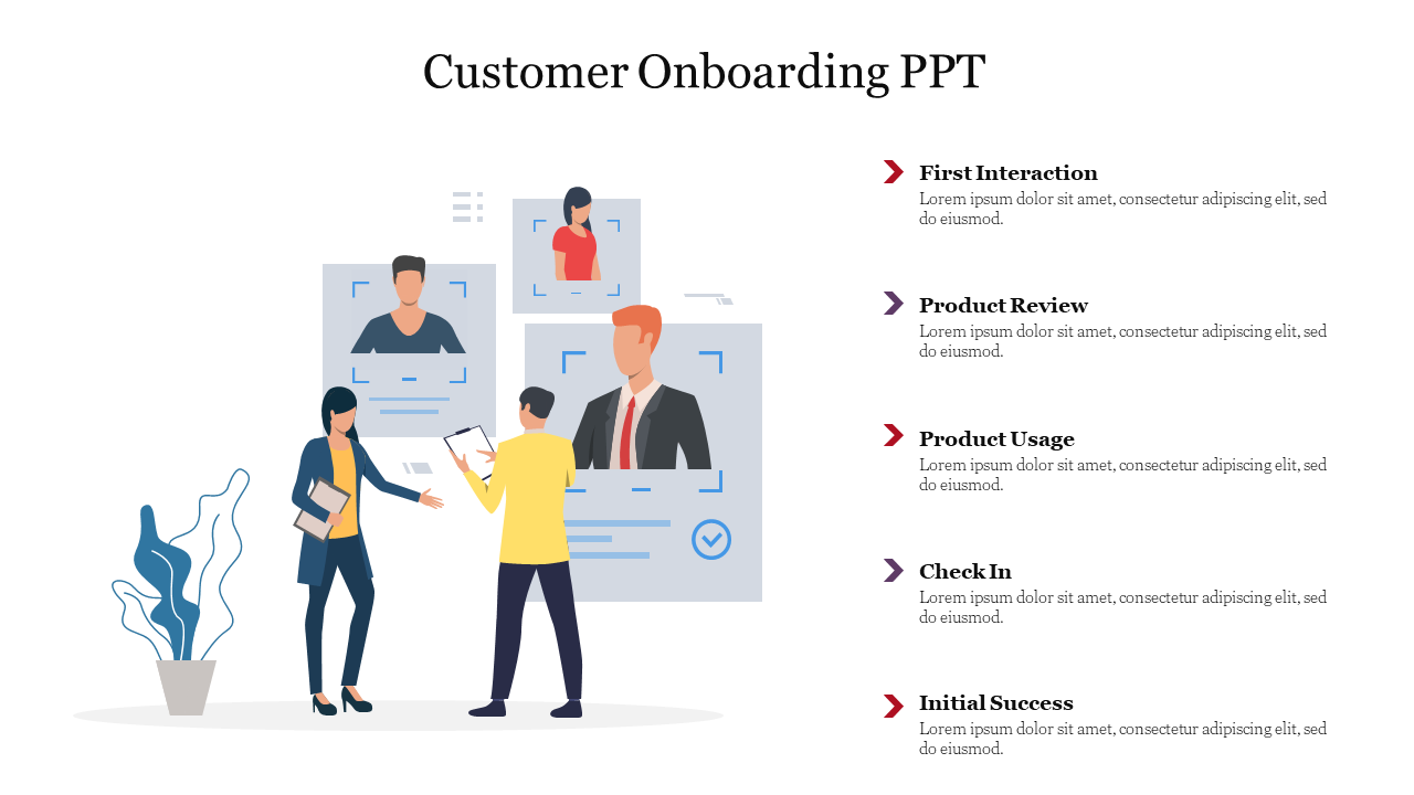 Customer onboarding slide with an illustration of people reviewing customer profiles and five onboarding steps.