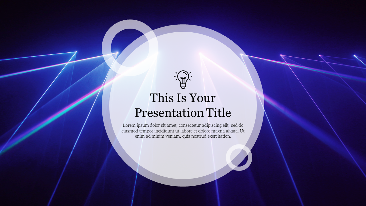 Abstract presentation slide with a circular design overlay on a vibrant blue and purple light background.